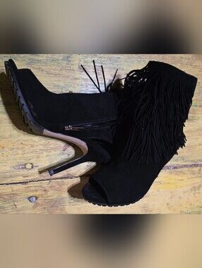 Sam Edelman Black Suede Fringe Peep-Toe Stiletto Booties